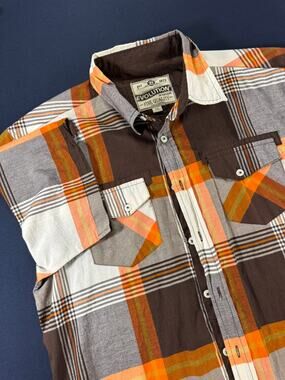Evolution In Design Mens Orange Plaid Button Up Shirt 2XL